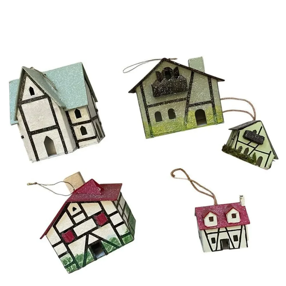 Martha Stewart Vintage Putz Paper House Ornament Decor Lot Set Glitter Cottage